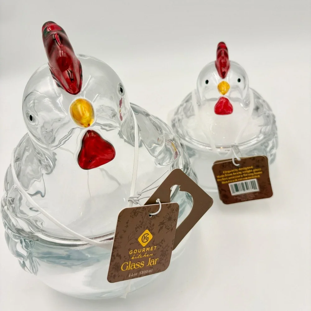 Gourmet Kitchen Glass Chicken Jar Set of 2 Clear Hen Canisters Farmhouse Decor